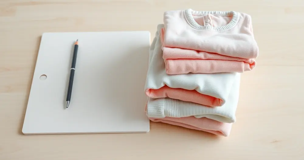 Roupas de bebê dobradas sobre superfície clara ao lado de uma pasta de documentos