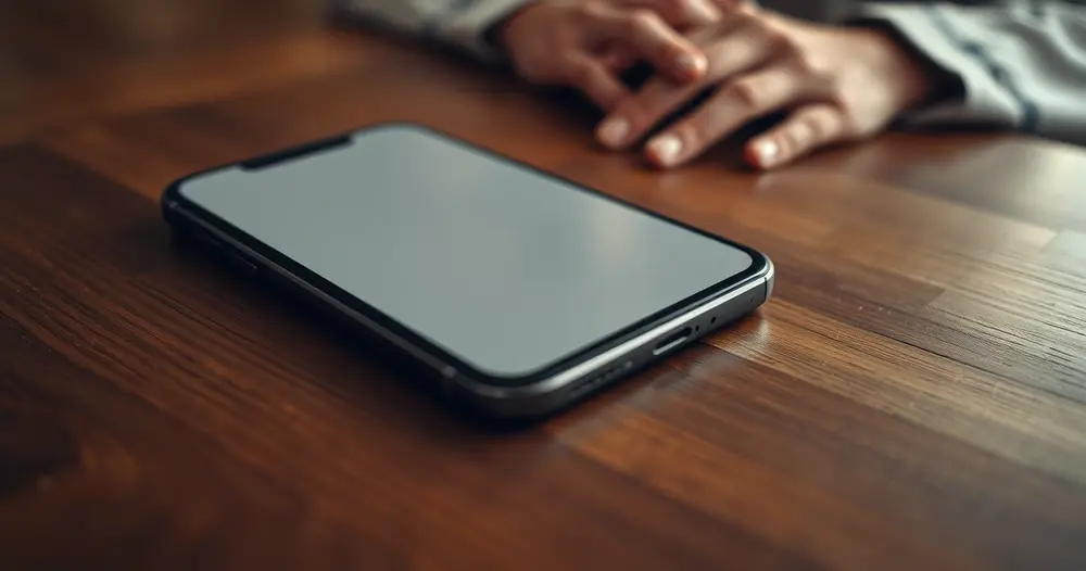 Celular sobre mesa de madeira ao lado das mãos de uma pessoa idosa