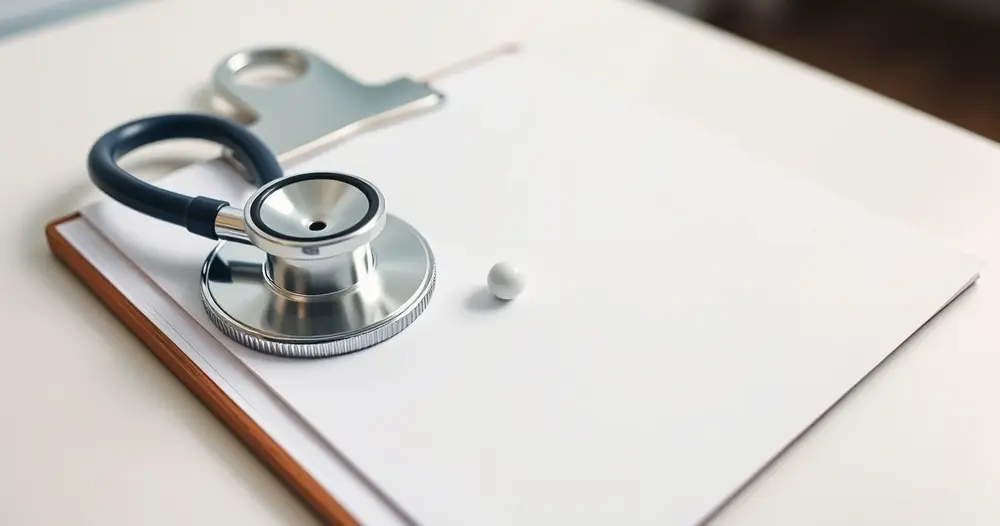 Estetoscópio apoiado sobre uma prancheta com folhas em branco em consultório médico