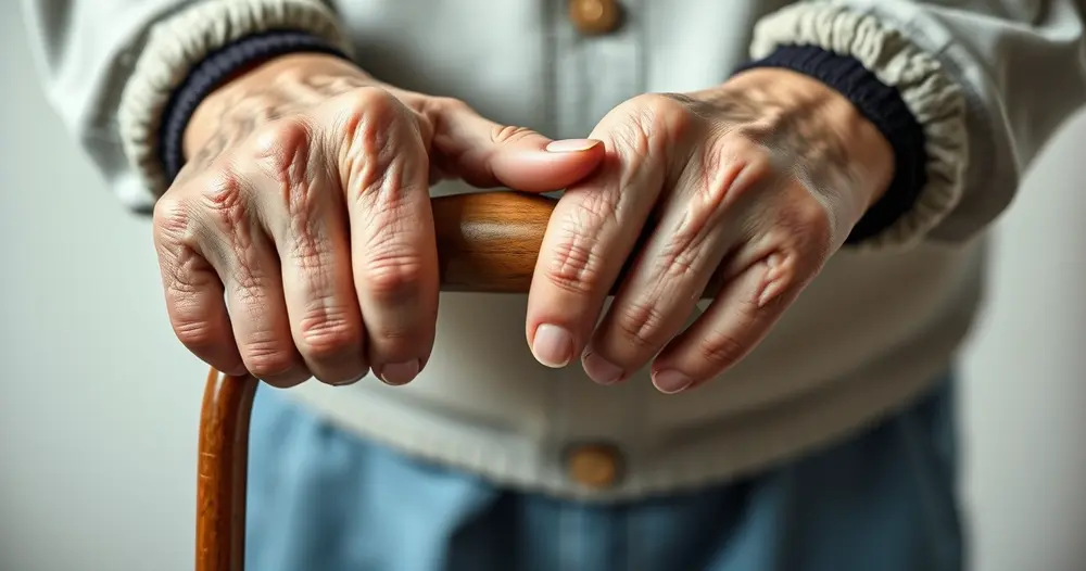 Mãos de uma pessoa idosa apoiadas sobre o punho de uma bengala de madeira